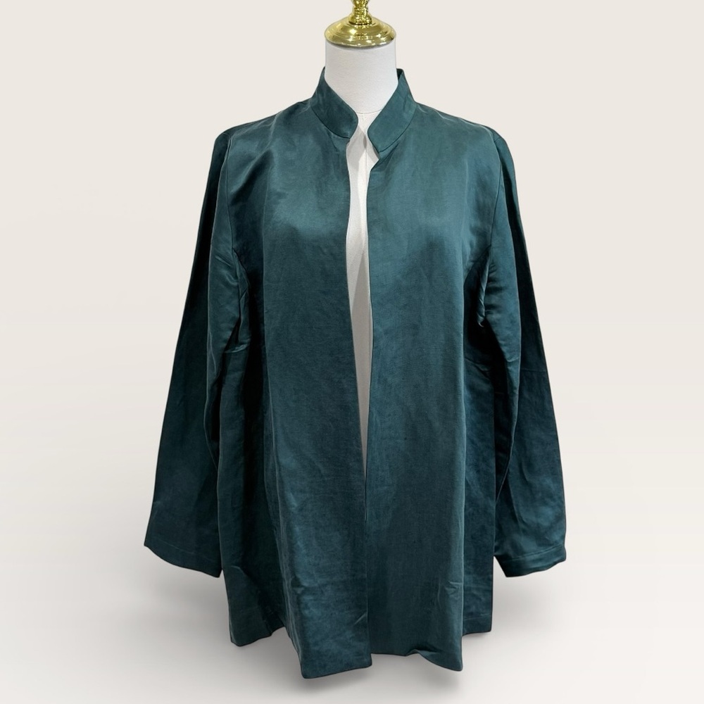 Eileen Fisher Aegean Blue/Green Linen/Silk Satin Stand Collar Long Jacket NWT